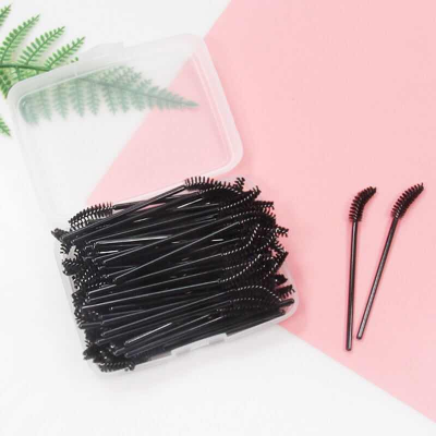 Disposable 100PCS black color mascara eyebrow makeup brushes with plastic box