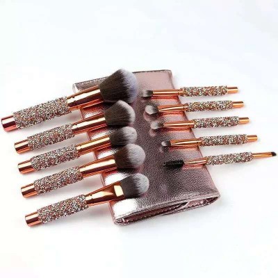 Popular 10pcs Diamond Handle Makeup Brush Set Soft PU Leather Pouch Powder Liquid Foundation Eye Brushes